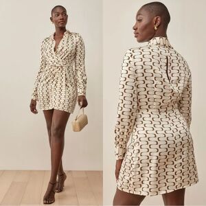 Reformation Silk Mini Cream Brown Dress Patterned Size 4